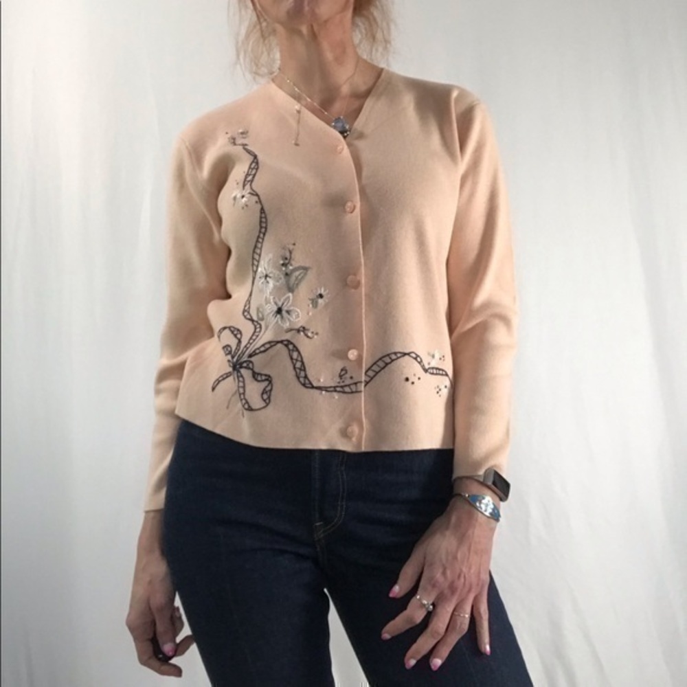 90’s Vintage Koret Pink Embroidered and Beaded Cropped Cardigan